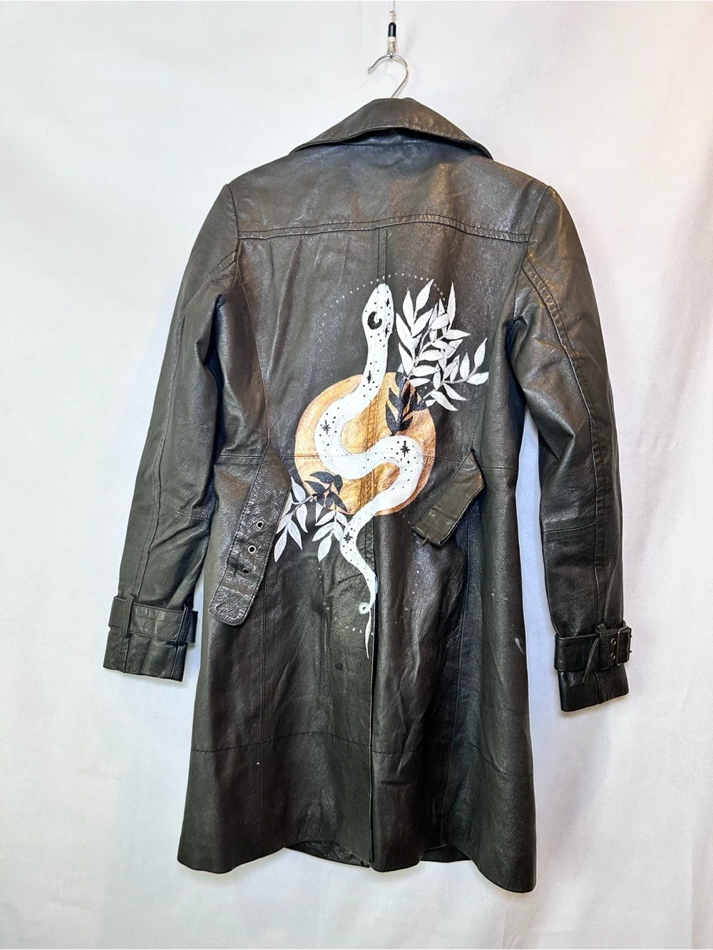 Y2K Le Château Black Leather Trench Coat Painted Back Graphic 90’s Grunge Size S - Picture 11 of 14
